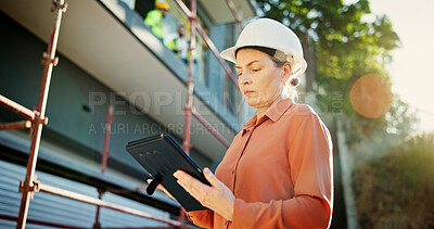 Buy stock photo Construction site, thinking and woman with tablet, engineering and app with online checklist. Person, architecture and employee with hard hat, technology and building project with schedule and typing