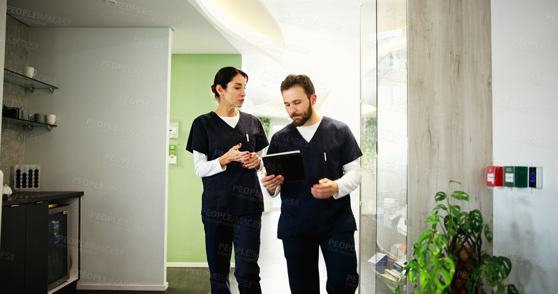 Buy stock photo Collaboration, doctors and discussion in clinic, healthcare and advice for research, planning and people. Hospital, dentists and help for patient history, teamwork and colleagues with info or talking