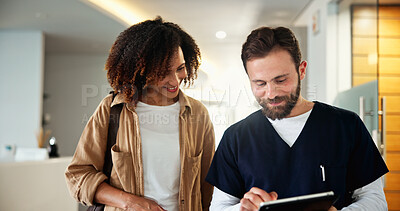 Buy stock photo Patient, dentist and tablet for results in clinic, check medical records and appointment schedule. People, oral specialist and online for orthodontics info, lobby consult and help for hygiene service