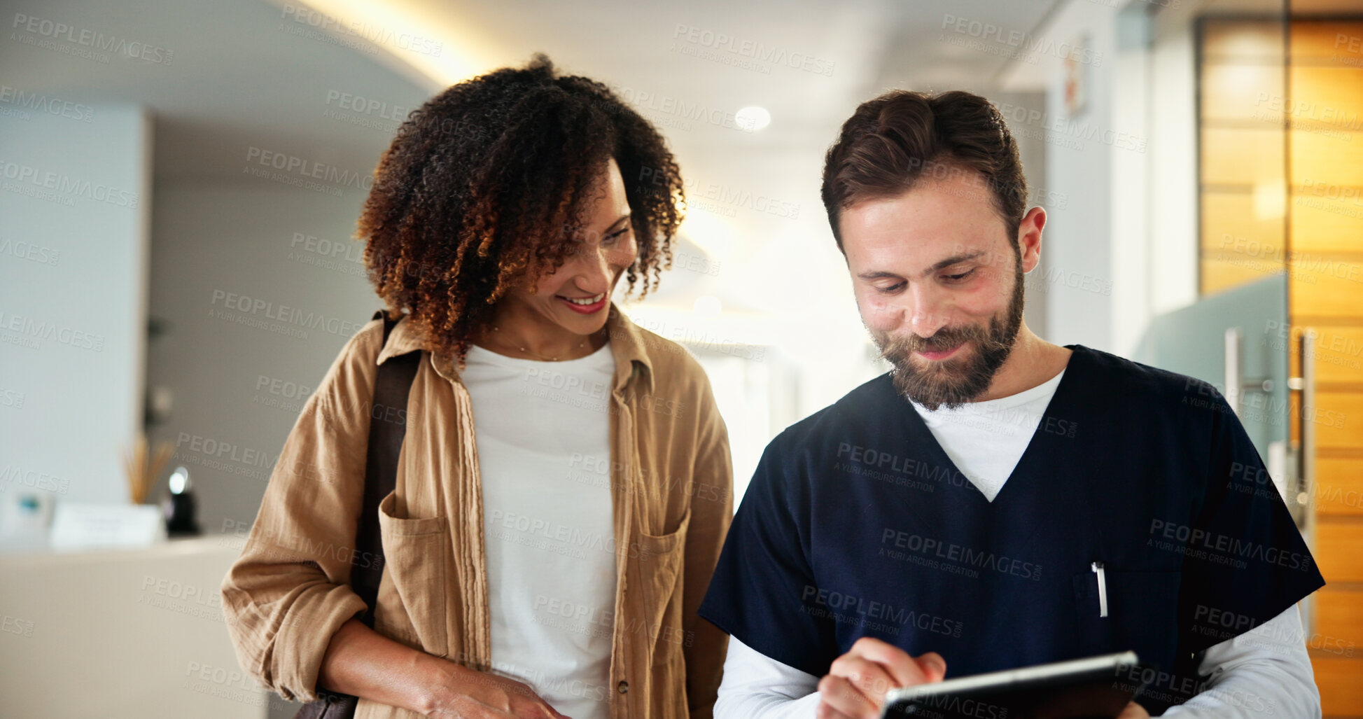 Buy stock photo Patient, dentist and tablet for results in clinic, check medical records and appointment schedule. People, oral specialist and online for orthodontics info, lobby consult and help for hygiene service