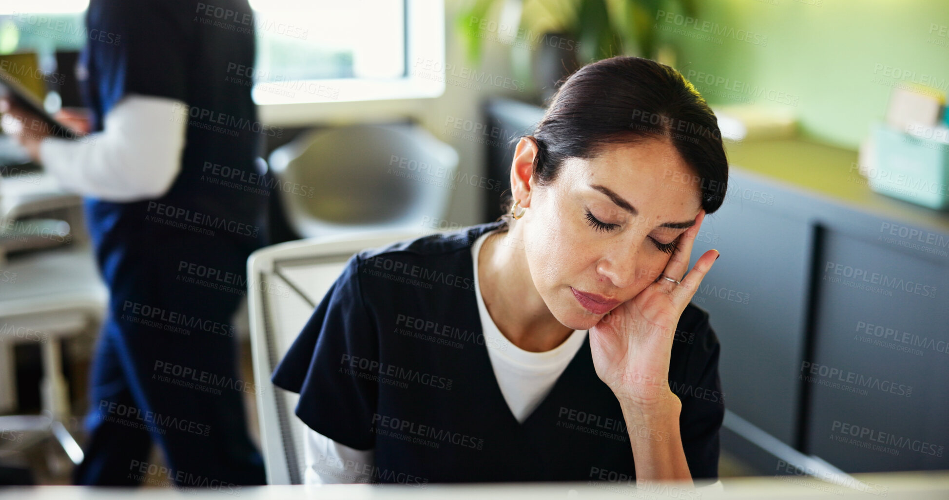 Buy stock photo Headache, stress and woman receptionist at medical front desk for burnout, overworked and tension. Professional, healthcare and person at office with fatigue, frustrated and upset for administration