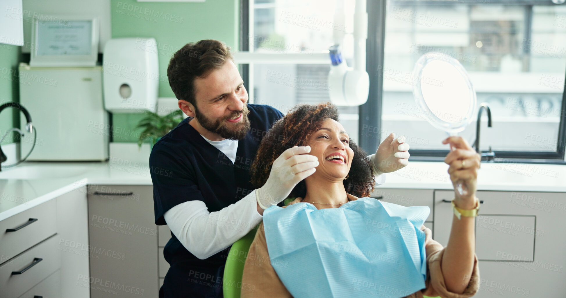 Buy stock photo Dentist, smile and woman with mirror to check for consulting, teeth whitening and wellness. Healthcare, dentistry and man with patient for dental hygiene, oral cleaning and medical services in clinic