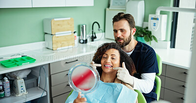 Buy stock photo Dentist, mouth and man with woman with mirror for consulting, teeth whitening and wellness. Healthcare, dentistry and patient smile for dental hygiene, oral cleaning and medical services in clinic