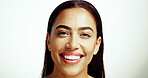 Portrait, skincare and happy woman with beauty, glow and natural on white studio background. Face, smile and confident model in makeup cosmetics for dermatology, aesthetic and spa facial treatment