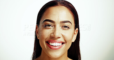 Buy stock photo Portrait, skincare and happy woman with beauty, glow and natural on white studio background. Face, smile and confident model in makeup cosmetics for dermatology, aesthetic and spa facial treatment