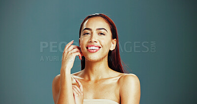 Buy stock photo Woman, portrait and happy for skincare in studio background with pride or satisfied for results. Female person, beauty and glow with confidence for transformation, body care and skin treatment