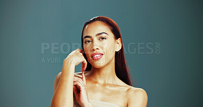 Buy stock photo Woman, portrait and smile for skincare in studio background with pride or satisfied with results. Female person, beauty and glow with confidence for transformation, facial and skin treatment