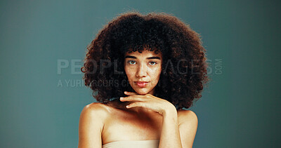 Buy stock photo Portrait, growth or woman with afro hair care, studio and treatment for wellness or health. Face, shampoo or confident girl model with beauty, volume or natural texture on green background in Brazil 