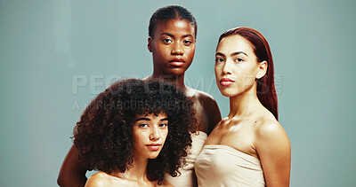 Buy stock photo Women, diversity and confident for skincare in studio background for inclusive beauty. Natural, people and proud with glow on portrait with empowerment, body care and skin treatment or support