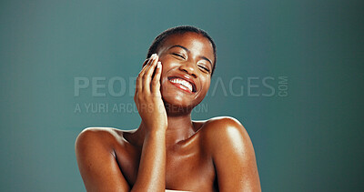 Buy stock photo Black woman, eyes closed and smile for skincare in studio background with pride or satisfied for results. Female person, beauty and glow with confidence for body care and skin treatment routine