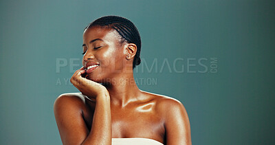 Buy stock photo Smile, skincare and black woman with beauty, glow and shine on studio background. Face, happy and African model in makeup cosmetics for dermatology, aesthetic or spa facial treatment with eyes closed