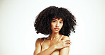 Portrait, space and afro woman with hair care, studio and treatment for wellness and health. Face, growth or confident girl model with beauty, volume and natural texture on white background in Brazil