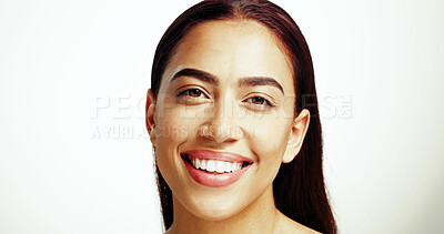 Buy stock photo Portrait, skincare and happy woman with natural beauty, glow and healthy skin on white studio background. Face, smile and model in makeup cosmetics for dermatology, aesthetic and spa facial treatment