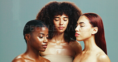 Buy stock photo Women, diversity and serious for skincare in studio background for inclusive beauty. Natural, people and eyes closed with glow for power or empowerment with body care,  skin treatment and support