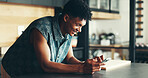 Smile, typing and man in kitchen with phone for social media meme, online chat or search on website. Smartphone, scroll and happy person in home with mobile app for communication, networking or text
