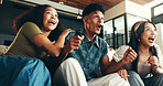 Friends, excited and celebration with watching tv on sofa for sports goal, team support and match success. Football game, people and live streaming tournament in home with winning results and passion