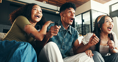 Buy stock photo Friends, excited and celebration with watching tv on sofa for sports goal, team support and match success. Football game, people and live streaming tournament in home with winning results and passion