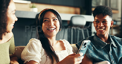 Buy stock photo House, smartphone and friends on sofa, typing and funny with weekend break, smile and relax. People, apartment and women with man, cellphone and humor with happiness, comfort and bonding together