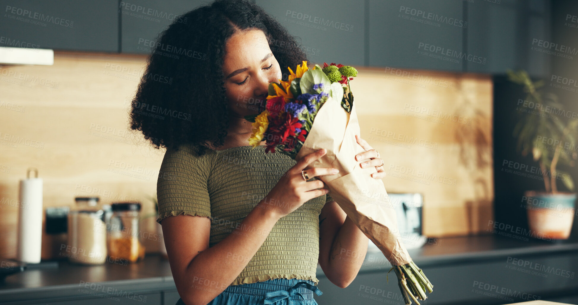 Buy stock photo Happy woman, flowers and aroma as romantic gift or gesture for anniversary, birthday or celebration. Female person, bouquet and smelling with joy, smile and love in home as present for valentines day
