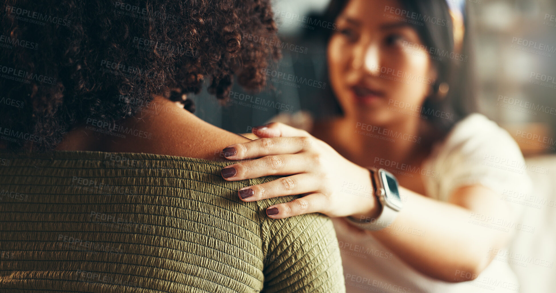 Buy stock photo Friends, women and hands on shoulder for support with breakup, depression and relationship advice. Empathy, compassion and person with comfort for stress, overthinking and mental health in apartment