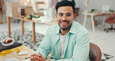 Buy stock photo Creative, portrait and smile of fashion designer man in textile workshop for production. Clothing, research and small business with happy style director at desk in office for manufacturing process