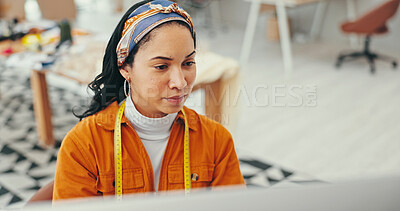 Buy stock photo Business, woman and fashion designer on computer at office for online orders, delivery and supply chain. Female person, entrepreneur and website for workshop management with textiles and logistics