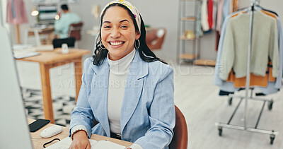 Buy stock photo Computer, creative and portrait of fashion designer woman in textile workshop for production. Clothes, research and typing with happy style director at desk in office for manufacturing process