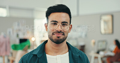 Buy stock photo Small business, man and confident on portrait as fashion designer for career growth at office. Male person, entrepreneur and smile with pride for opportunity in textile, clothes industry and workshop