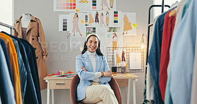 Buy stock photo Arms crossed, clothes and portrait of fashion designer woman in textile workshop for production. Confident, creative and wall with happy style director at desk in office for manufacturing process