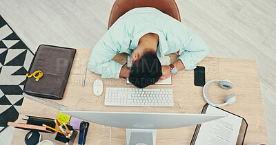 Buy stock photo Above, business and man at desk, sleeping and tired with break, overworked and burnout. Person, sales agent and employee in modern office, deadline and exhausted with fatigue, nap and boring research