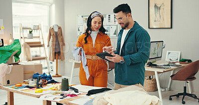 Buy stock photo Decision, creative and tablet with fashion designer people in textile workshop together. Clothing industry, conversation and planning with styling team in office for manufacturing or production
