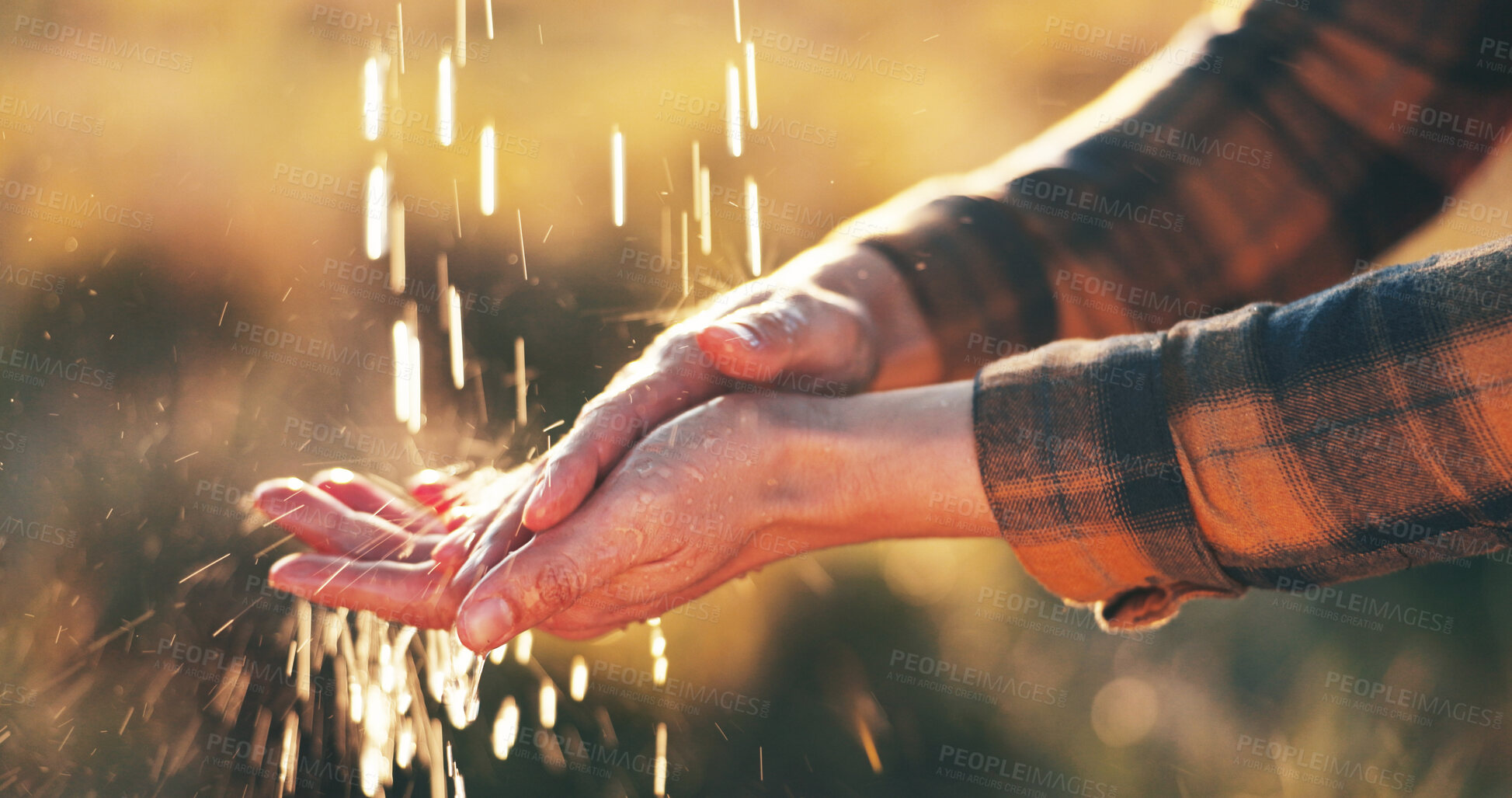 Buy stock photo Person, farmer and washing hands with water splash for hygiene, disinfection or rinse in nature. Closeup, sustainability and liquid drops with cleanse or sanitary for agriculture or agro business