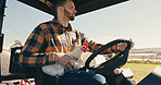 Chicken, field and farmer with tractor for travel, animal transport and sustainable ecology. Agriculture, countryside and man with machinery for livestock business, poultry and quality control