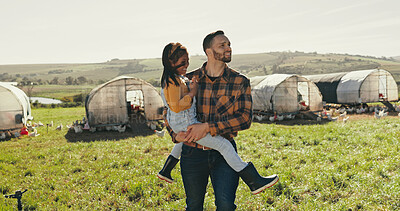 Buy stock photo Man, farmer and child with grass field for sustainability, natural produce or live stock of chickens in nature. Male person, kid or little girl with farmland for growth or production in countryside