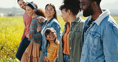 Buy stock photo Family, friends and child walking in park together for summer holiday, travel or vacation. Bonding, love or smile and group of happy people outdoor in field of yellow flowers for getaway or road trip