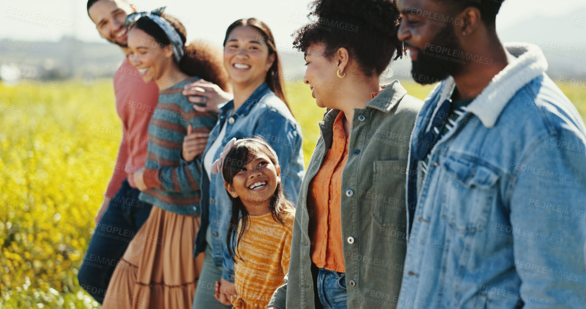 Buy stock photo Family, friends and child walking in park together for summer holiday, travel or vacation. Bonding, love or smile and group of happy people outdoor in field of yellow flowers for getaway or road trip