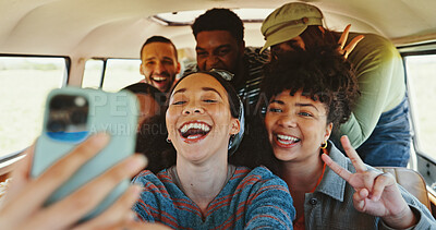 Buy stock photo Peace sign, selfie and smile with friends in vehicle together for outdoor holiday, travel or vacation. Emoji, hand gesture and social media with group of excited people in van for profile picture