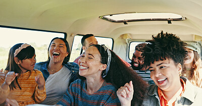 Buy stock photo Excited, road trip and car with friends, family and love for journey and countryside travel. Group, laughing or happy people bonding for summer adventure, holiday break and vacation with van or child