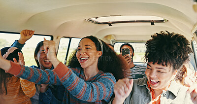 Buy stock photo Excited, road trip and car with friends, dance and love for journey and countryside travel. Memory, laughing or happy people bonding for summer adventure, holiday break and vacation with van or group