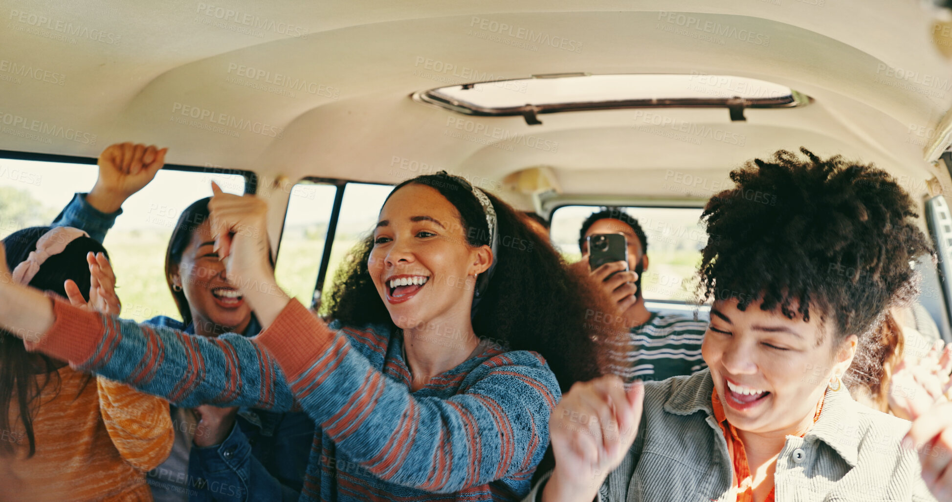 Buy stock photo Excited, road trip and car with friends, dance and love for journey and countryside travel. Memory, laughing or happy people bonding for summer adventure, holiday break and vacation with van or group