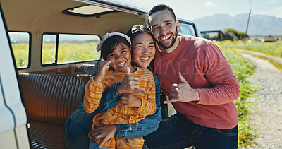 Buy stock photo Portrait, road trip and van with thumbs up, family and love for journey and countryside travel. Happy, hug and child bonding for adventure, holiday break and vacation together with car, mom or dad