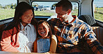 Laughing, road trip and van with child, family and love for journey, break or countryside travel. Happy, funny joke or girl bonding for adventure, holiday and vacation together with car, mom or dad