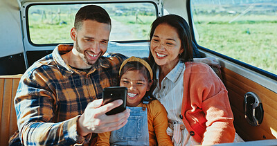 Buy stock photo Road trip, selfie and smile of family in van together for outdoor holiday, travel or vacation. Mom, dad and happy daughter in vehicle for memories of bonding on adventure, exploration or journey