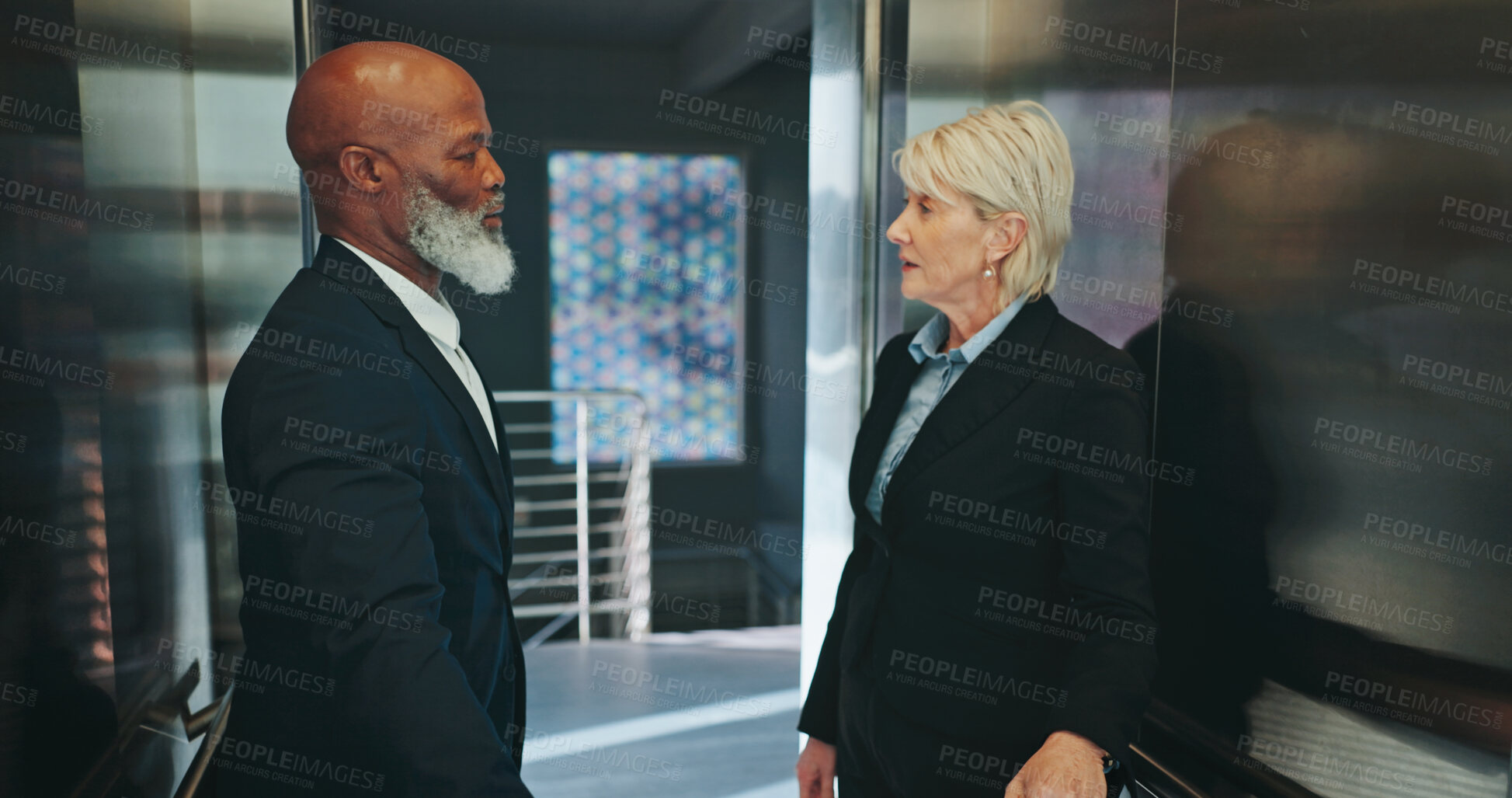 Buy stock photo Elevator, business people and office for discussion plan, lawyer team and ideas for legal case. Employees, communication and attorney partnership on feedback, lift and together for litigation counsel