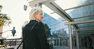 Buy stock photo Travel, business woman and thinking in city for insight, vision or back view. Decision, planning and mature manager outdoor with idea, solution and inspiration for real estate development opportunity