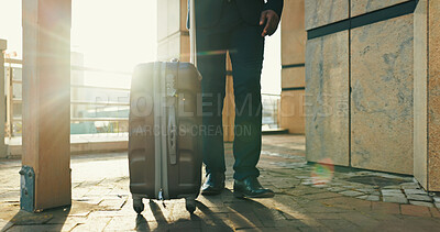 Buy stock photo Legs, business or travel with suitcase outdoor in city for journey, corporate trip or immigration flight at airport. Luggage, shoes or professional person walk to building, hotel or commute in street