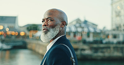 Buy stock photo Business, suspicious and thinking with mature man in harbor, on alert for travel or trip following. Aware, city and location with worried African employee walking outdoor for corporate opportunity
