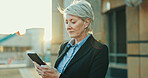 Phone, travel and businesswoman in city with communication, social networking or connectivity. Online, cellphone and mature female lawyer with email for legal case information on commute in town.
