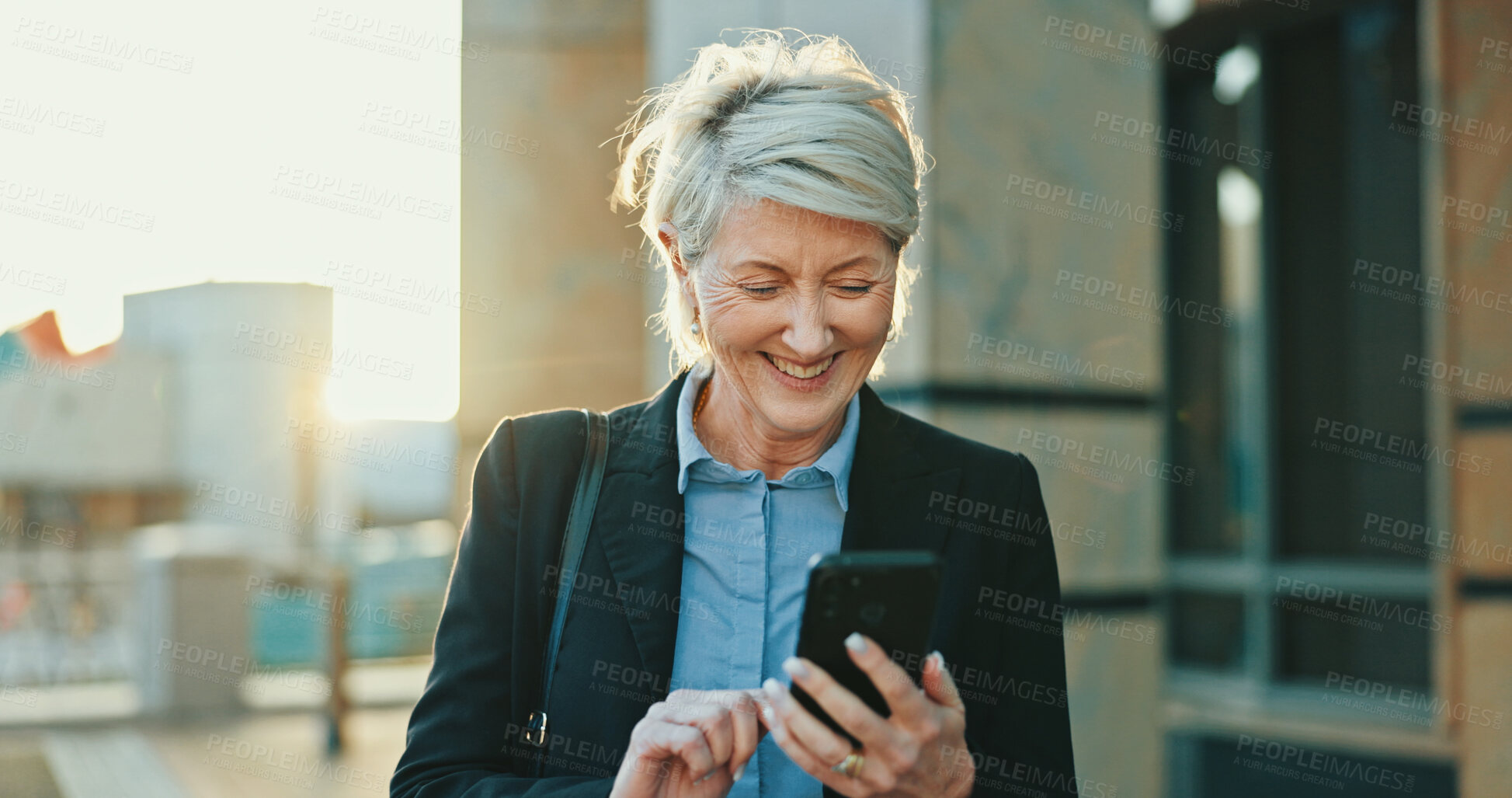 Buy stock photo Woman, lawyer and phone for chat in city, morning and online for consulting on legal case. Female person, urban town and travel to office building for legislation research, counsel client and message