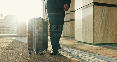Buy stock photo Legs, business and travel with suitcase in city for journey, corporate trip or immigration flight at airport. Luggage, shoes or person walk to building, hotel or passenger commute outdoor on street